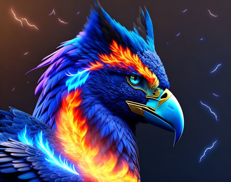 Colorful Digital Artwork: Blue and Orange Eagle on Dark Background