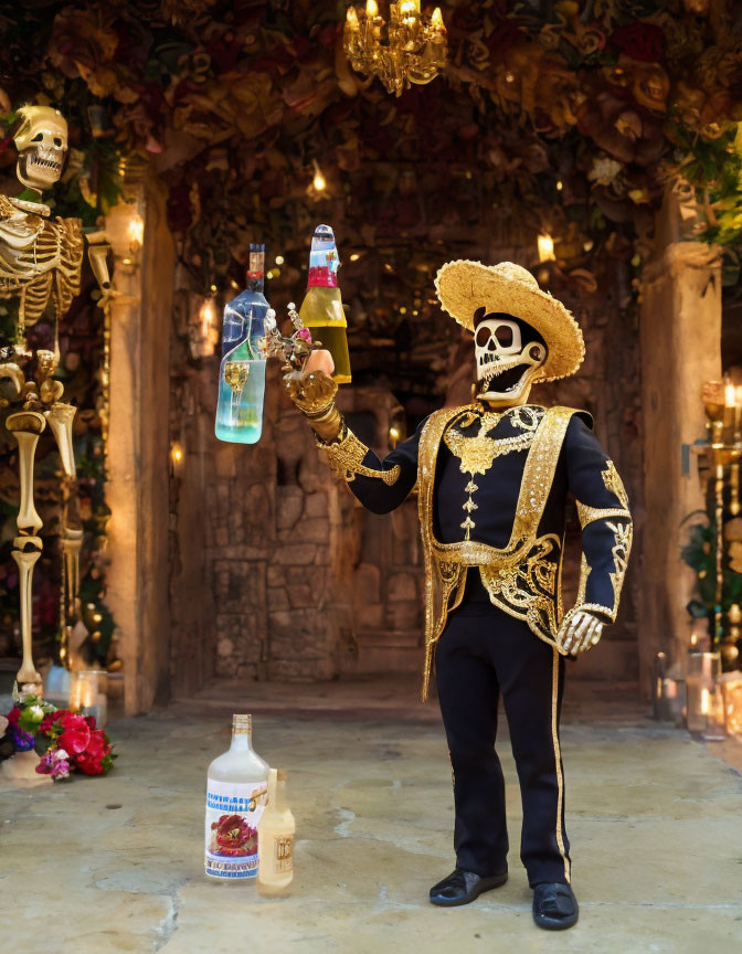 Day of the Dead Mariachi Skeleton with Decorated Bottles