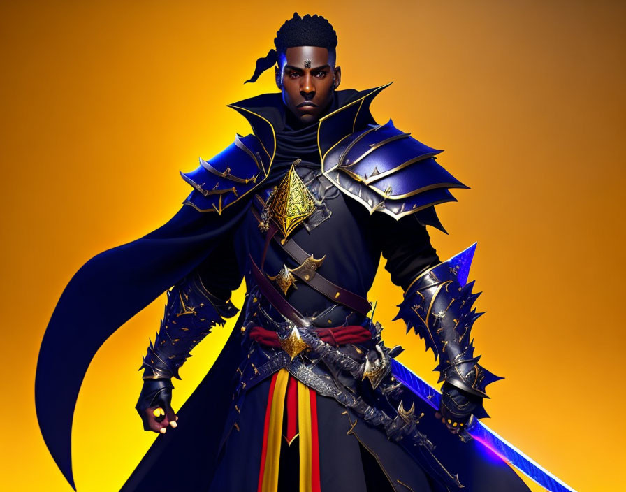 Character in Black and Gold Armor with Sword on Yellow Background