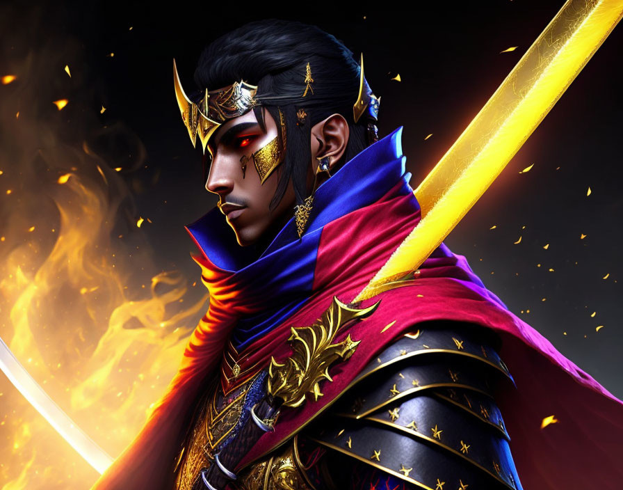 Male Figure in Golden Armor with Glowing Sword and Blue Cape surrounded by Flames