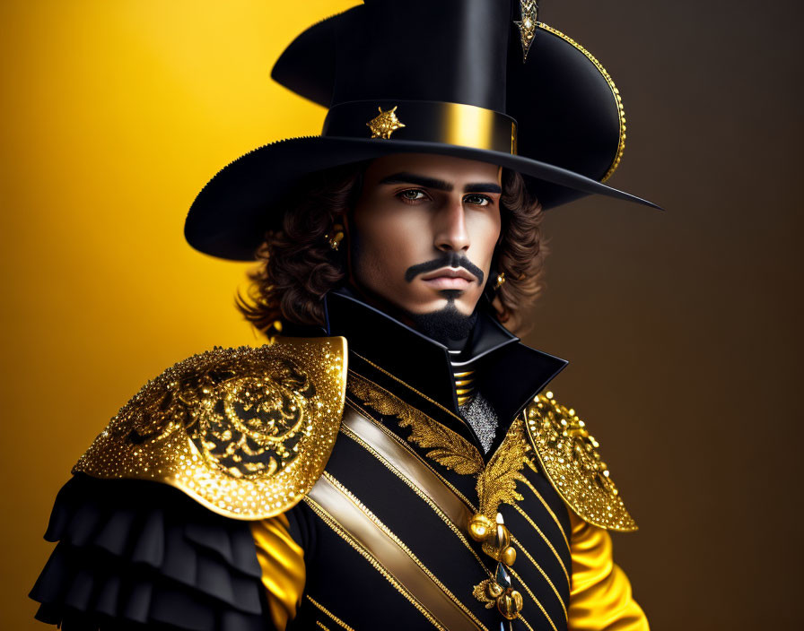 Man in Ornate Black and Gold Military Uniform on Golden Background