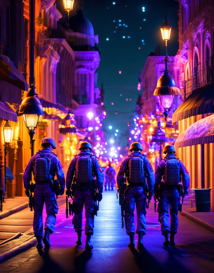 Four soldiers in combat gear walking down neon-lit urban street at night