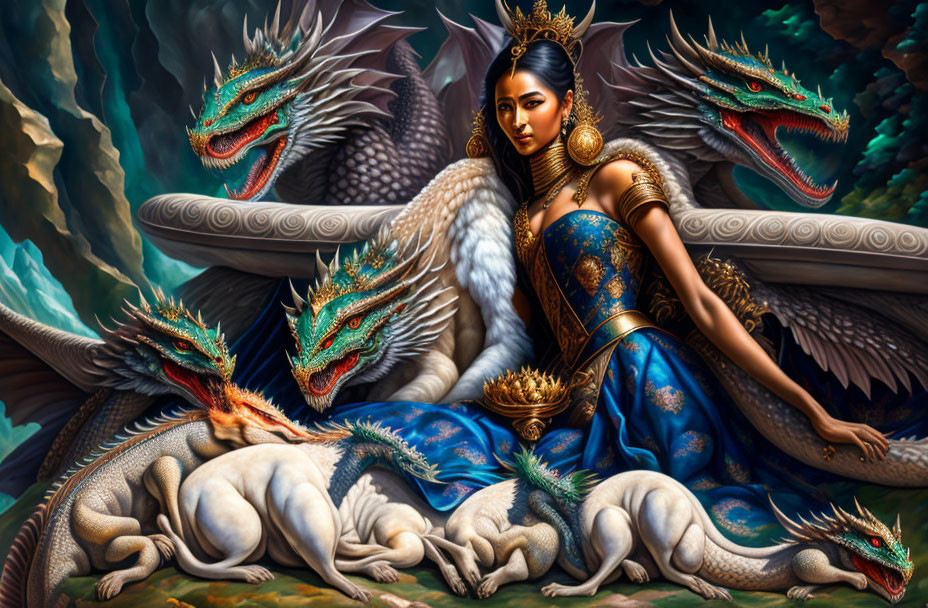 Regal woman in golden and blue attire with majestic dragons in fantastical landscape