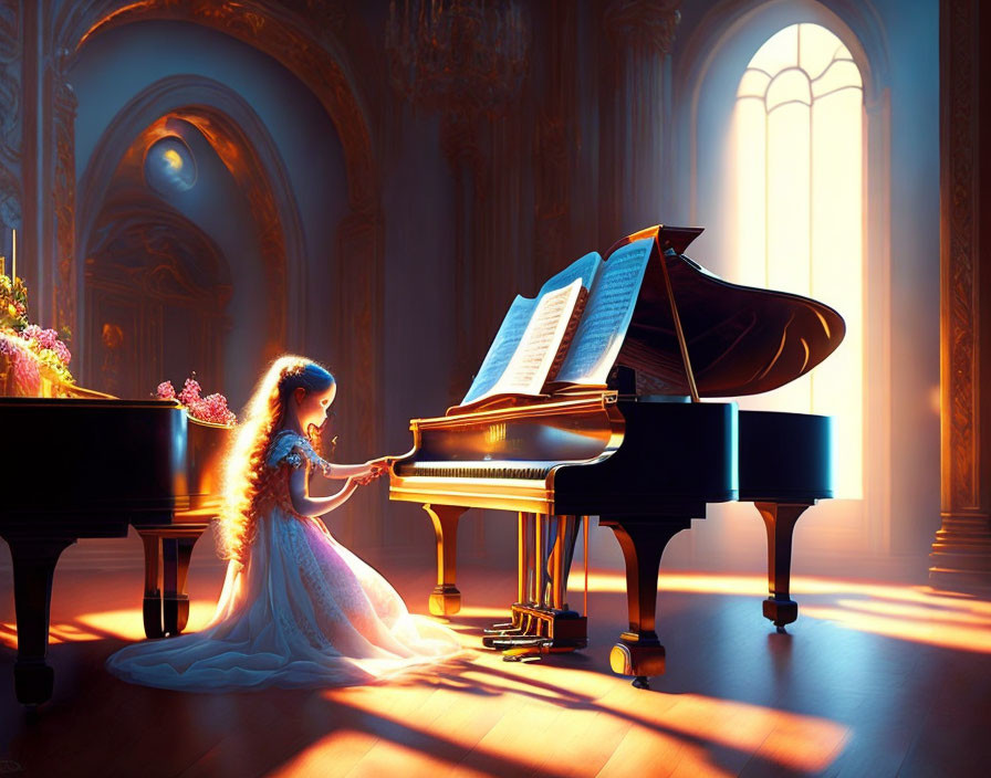 Young girl in white dress playing grand piano in sunlit room