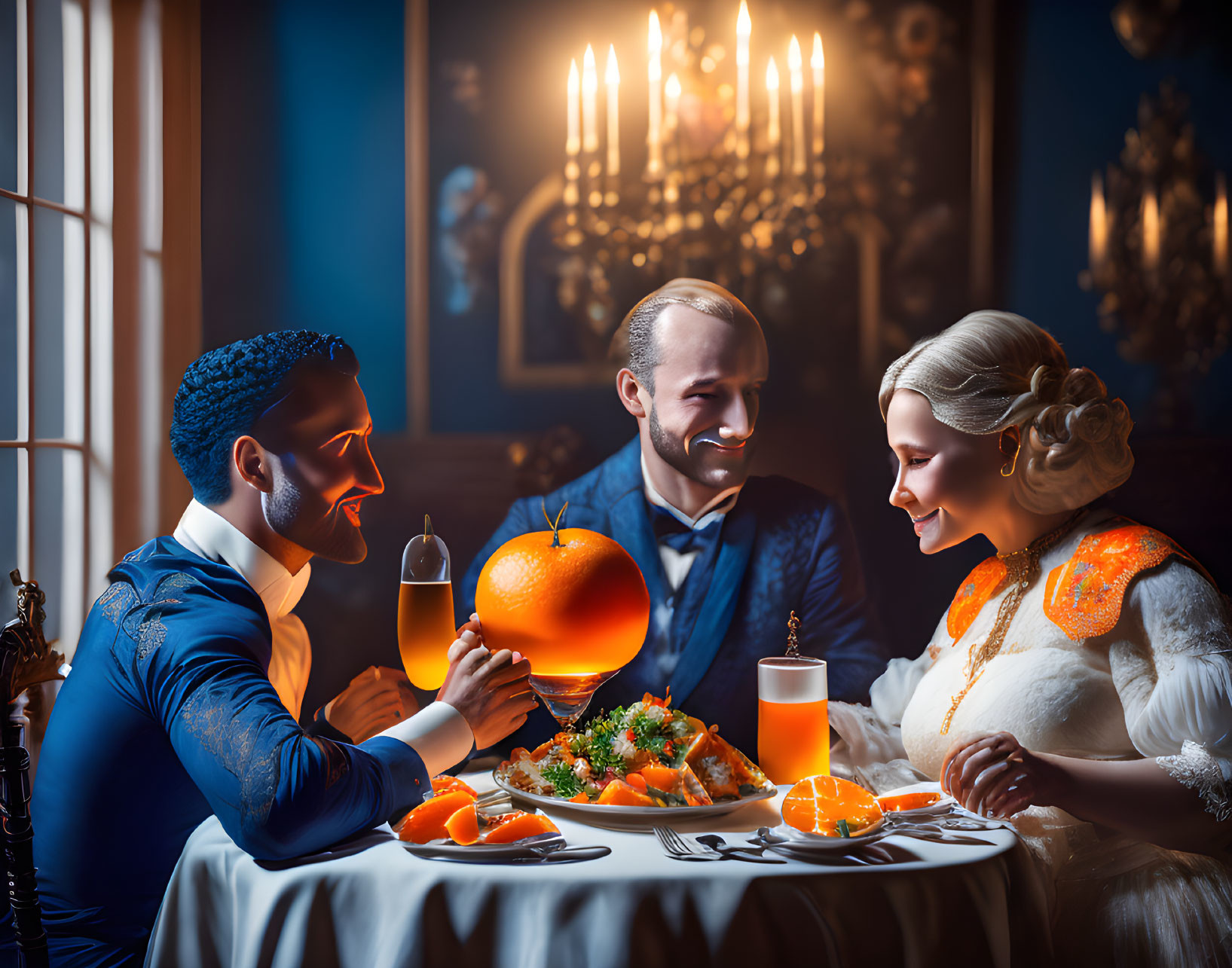 Elegant dinner scene with three people, turkey, and chandeliers