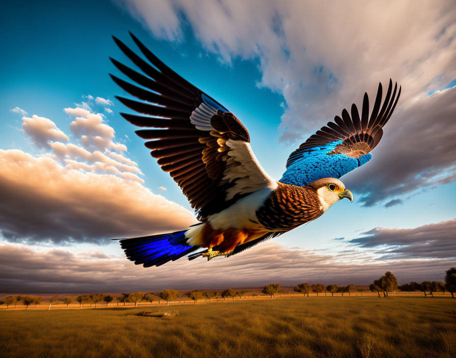 Vibrant bird flying over savannah with dramatic sunset sky