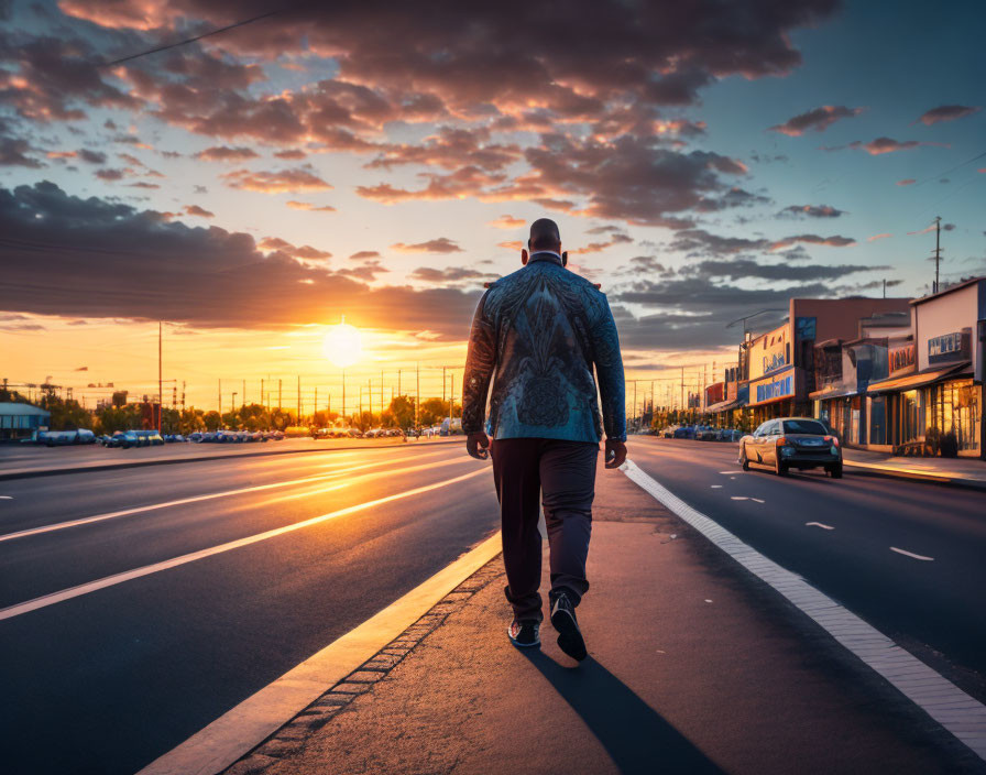 Person walking on city street at sunset with vibrant skies and passing cars.