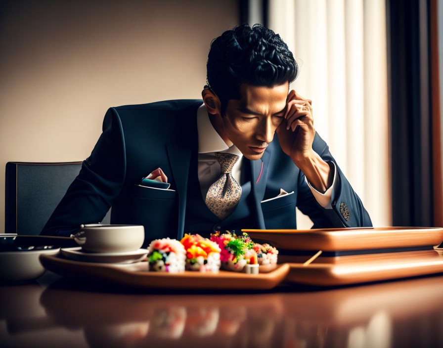 Businessman in suit at dining table with sushi, coffee, and laptop.