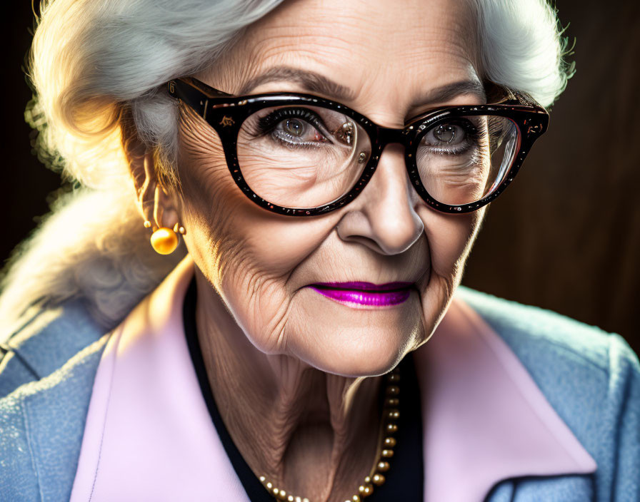 Elderly woman in cat-eye glasses with styled gray hair and purple lipstick gazes confidently.