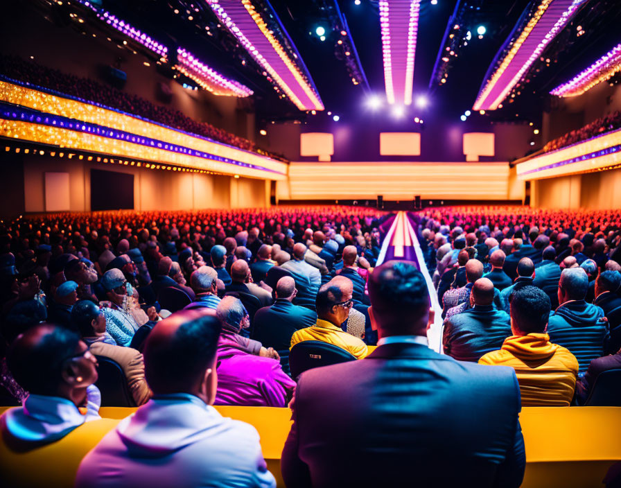 Theater audience under colorful stage lighting