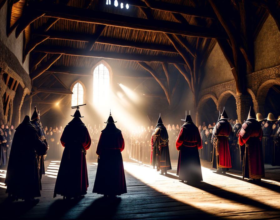 Medieval hall ceremony with people in cloaks and sunlight streaming