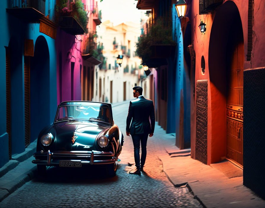 Man walking past classic car on colorful, vibrant street at twilight