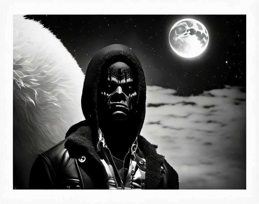 Monochrome art: person with tribal face paint, hoodie, leather jacket under moonlit sky