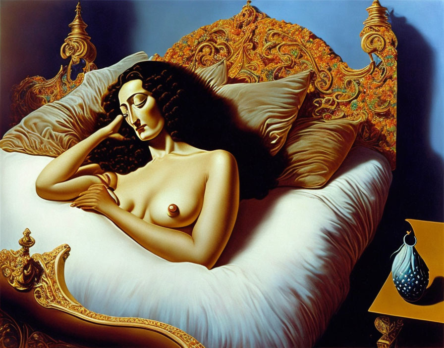 Surreal painting: Woman on plush bed with ornate pillows and vase on side table