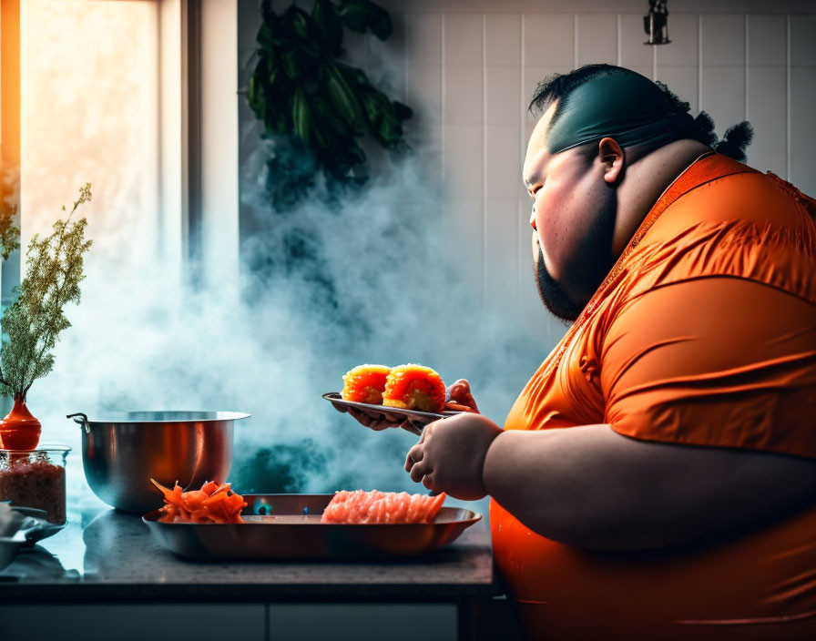 Cooking Person in Orange Apparel in Steamy Kitchen with Plate of Food