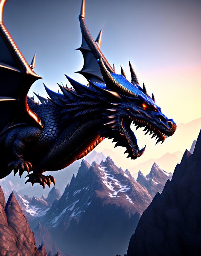 Blue dragon with orange underbelly soaring over jagged mountains at sunset