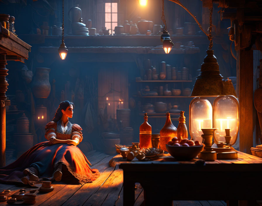 Historical woman in rustic kitchen with pottery, looking out window