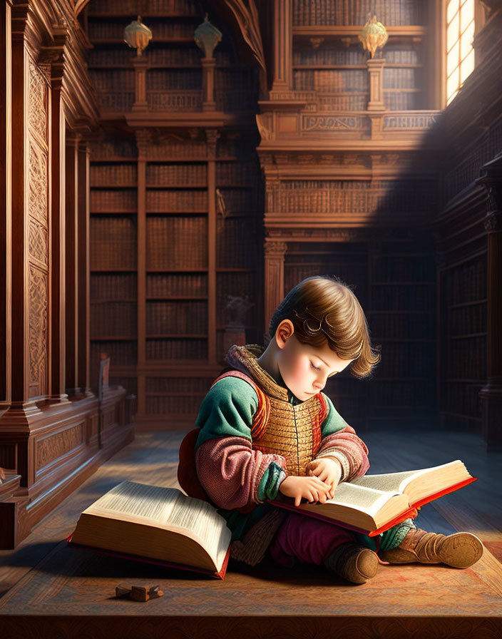 Young child reading book in sunlit library surrounded by shelves