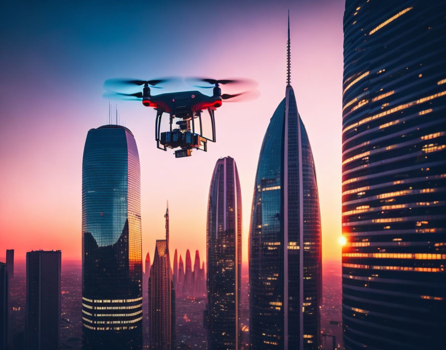 Drone flying at sunset over futuristic skyscrapers with vibrant sky tones