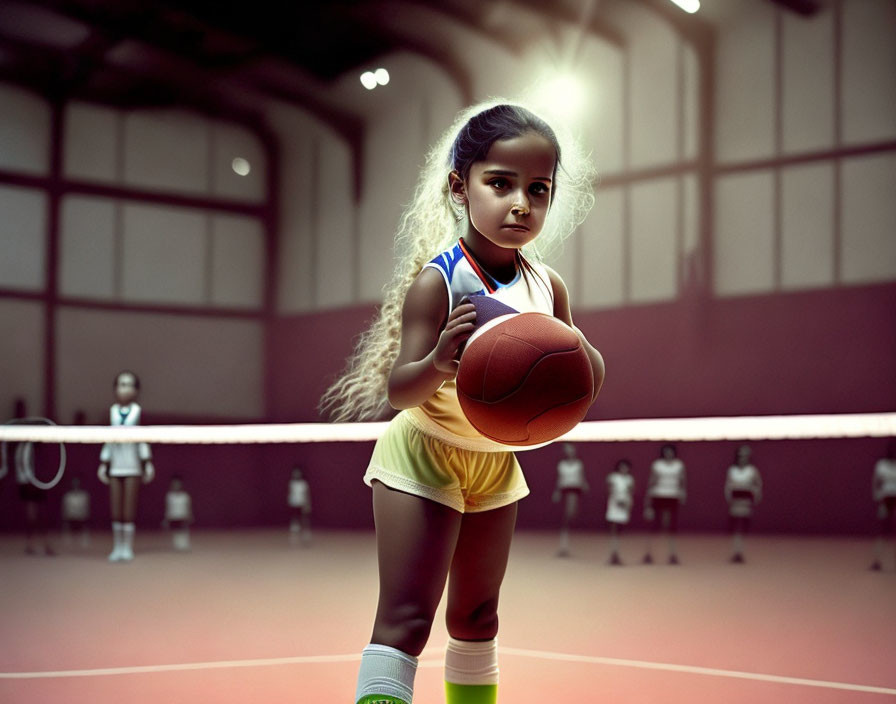 Blonde girl in basketball attire holding a basketball in gym