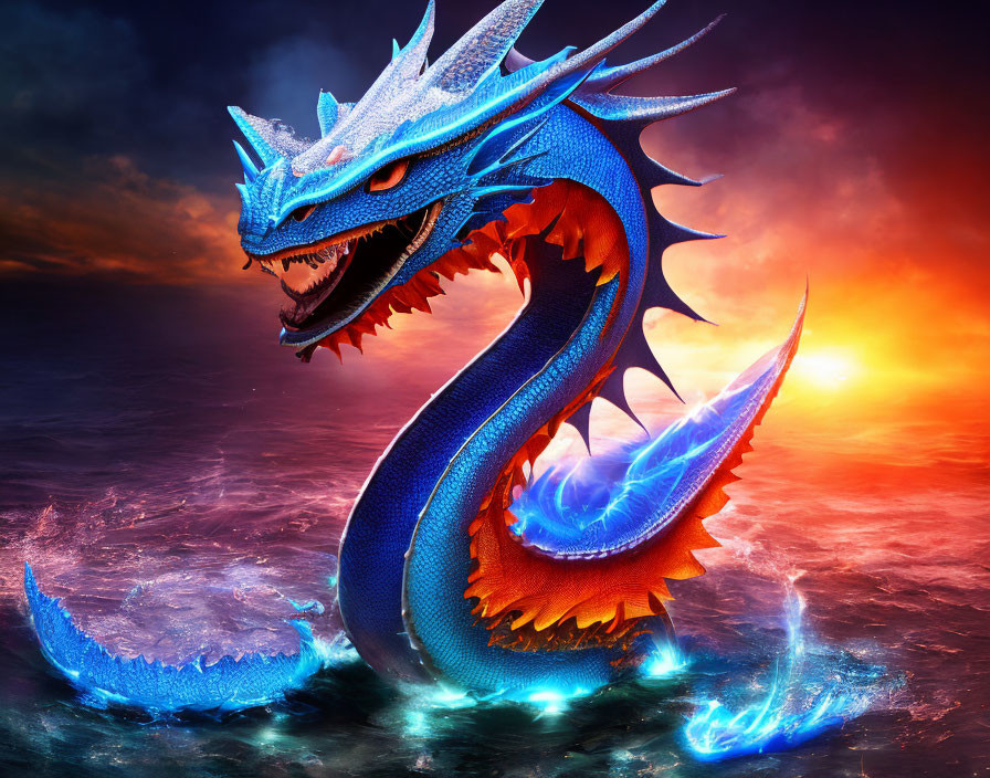 Blue Dragon Emerges from Water with Glowing Orange Underbelly