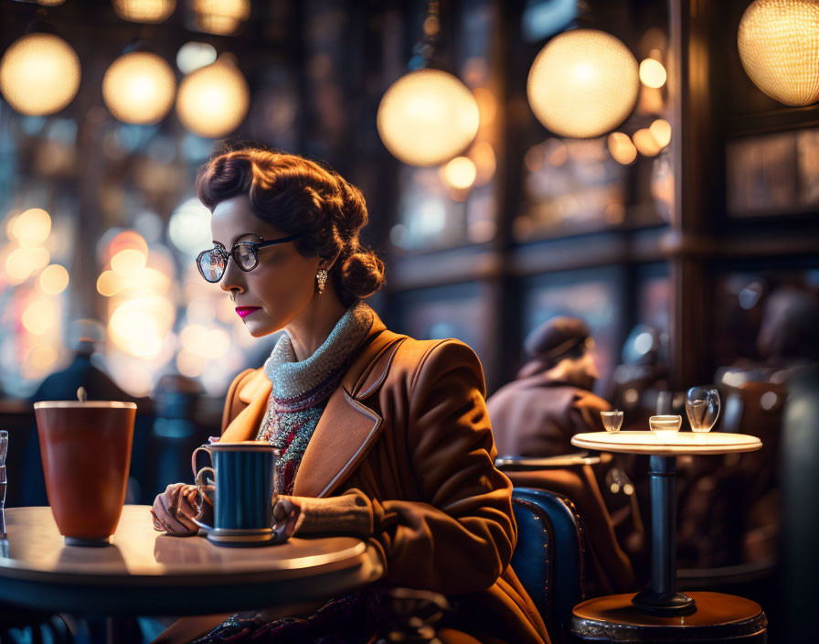 Vintage Attired Woman Sitting Pensively at Cafe Table with Coffee Mug in Warm Lighting