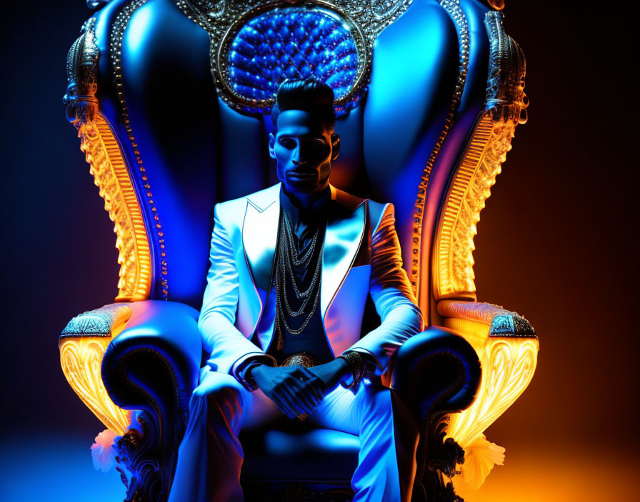 Person in White Suit on Regal Blue Throne in Dramatic Lighting