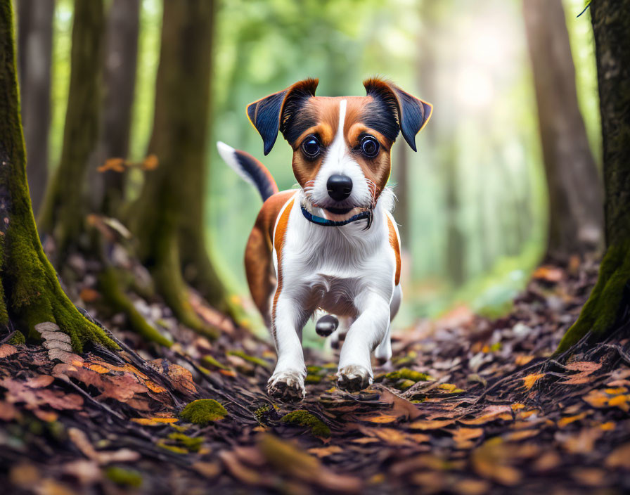 Energetic Jack Russell Terrier in lush forest setting