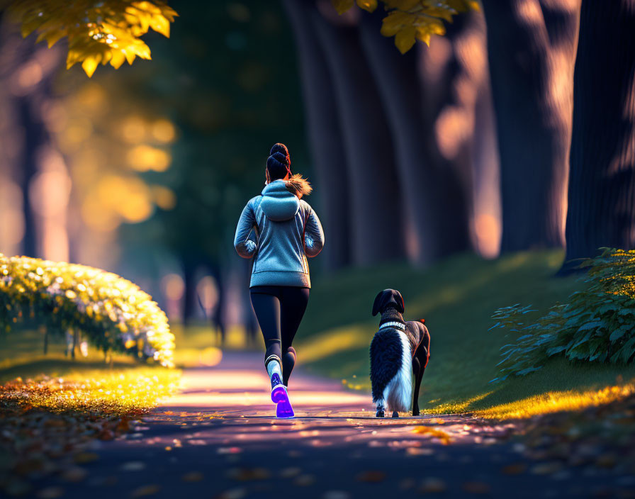 Woman jogging with dog on tree-lined path at autumn sunset