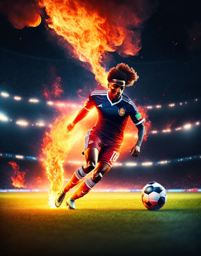 Soccer player with fiery effects in vibrant stadium setting