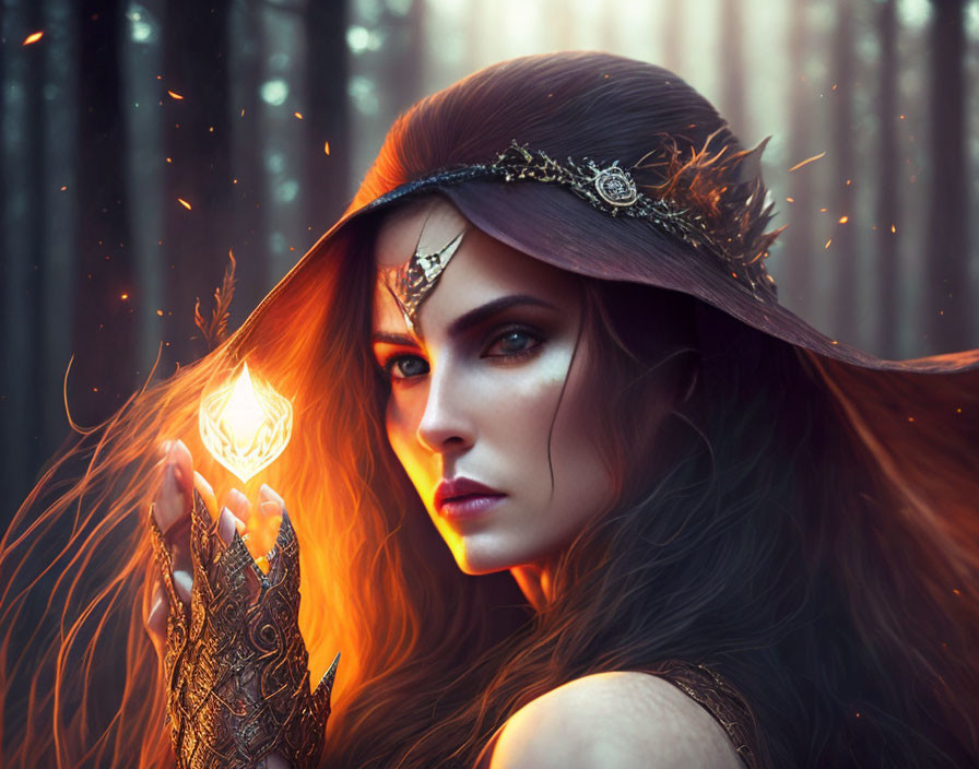 Mystical woman with piercing eyes holding a flame in ethereal forest