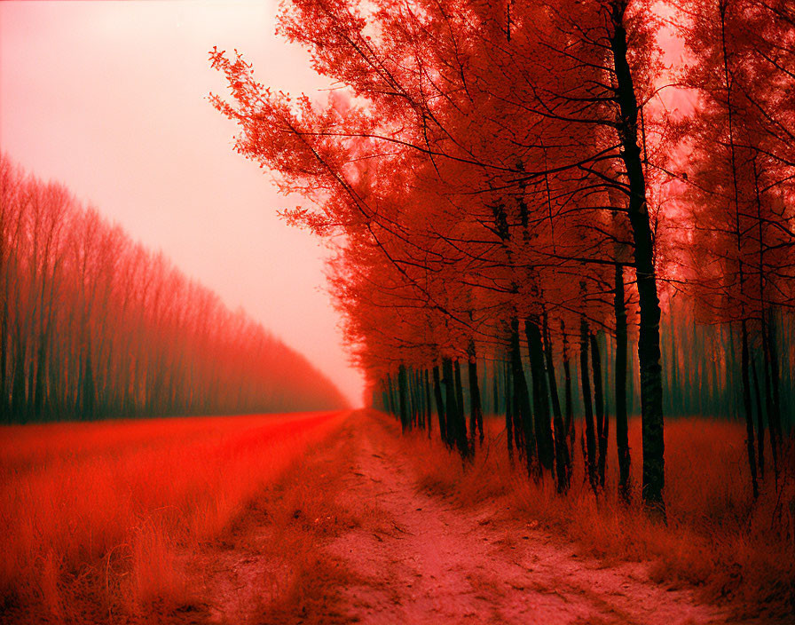 Surreal red-tinted landscape with pathway and spaced trees