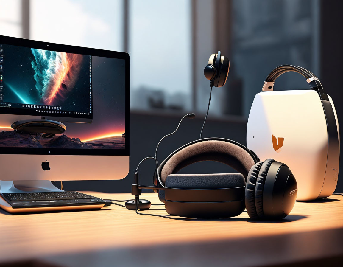 Contemporary workspace with iMac, headphones, keyboard, and backpack in natural light