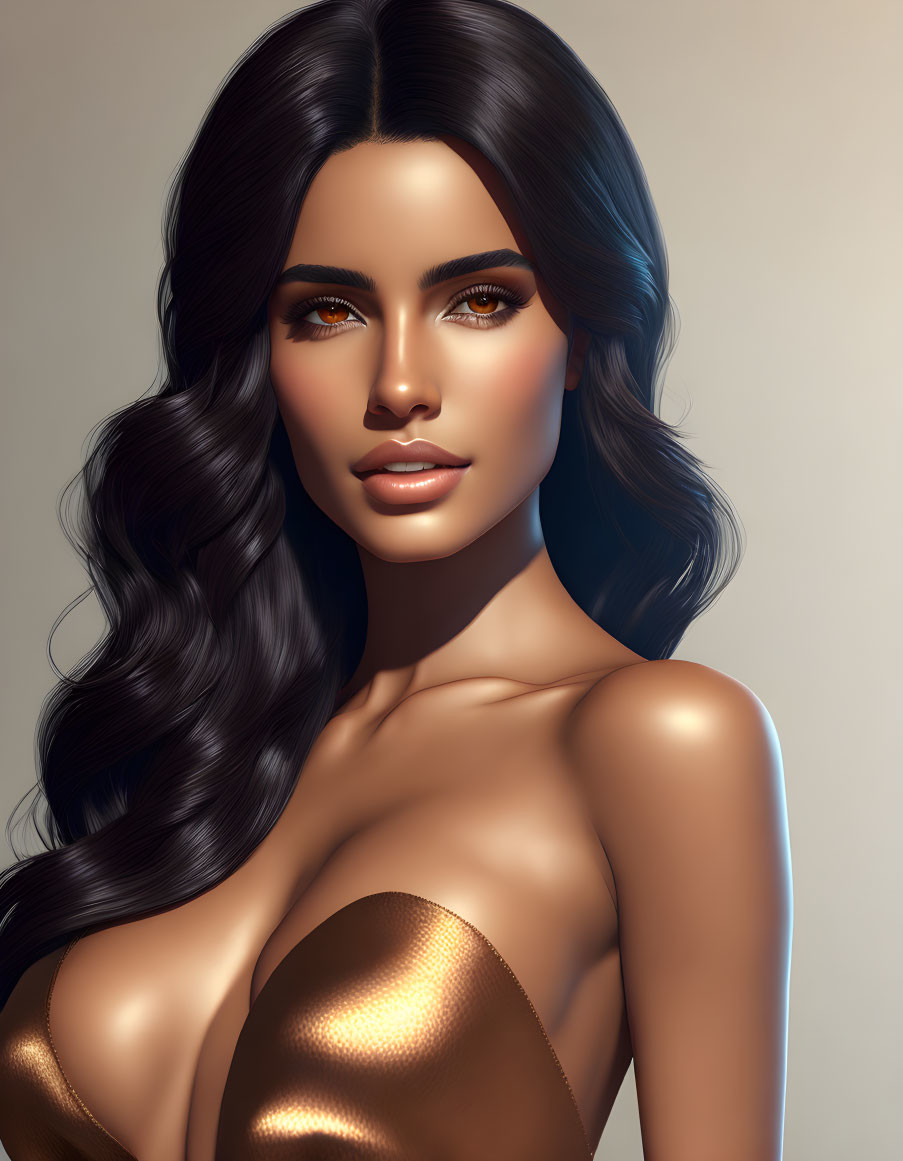 Digital artwork: Woman with flowing brunette hair and amber eyes on warm backdrop