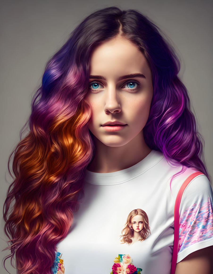 Young woman digital portrait: long wavy hair, brown to purple, blue eyes, white T-shirt