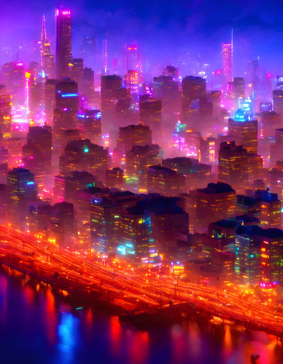 Futuristic night cityscape with neon purples, high-rises, and glowing river