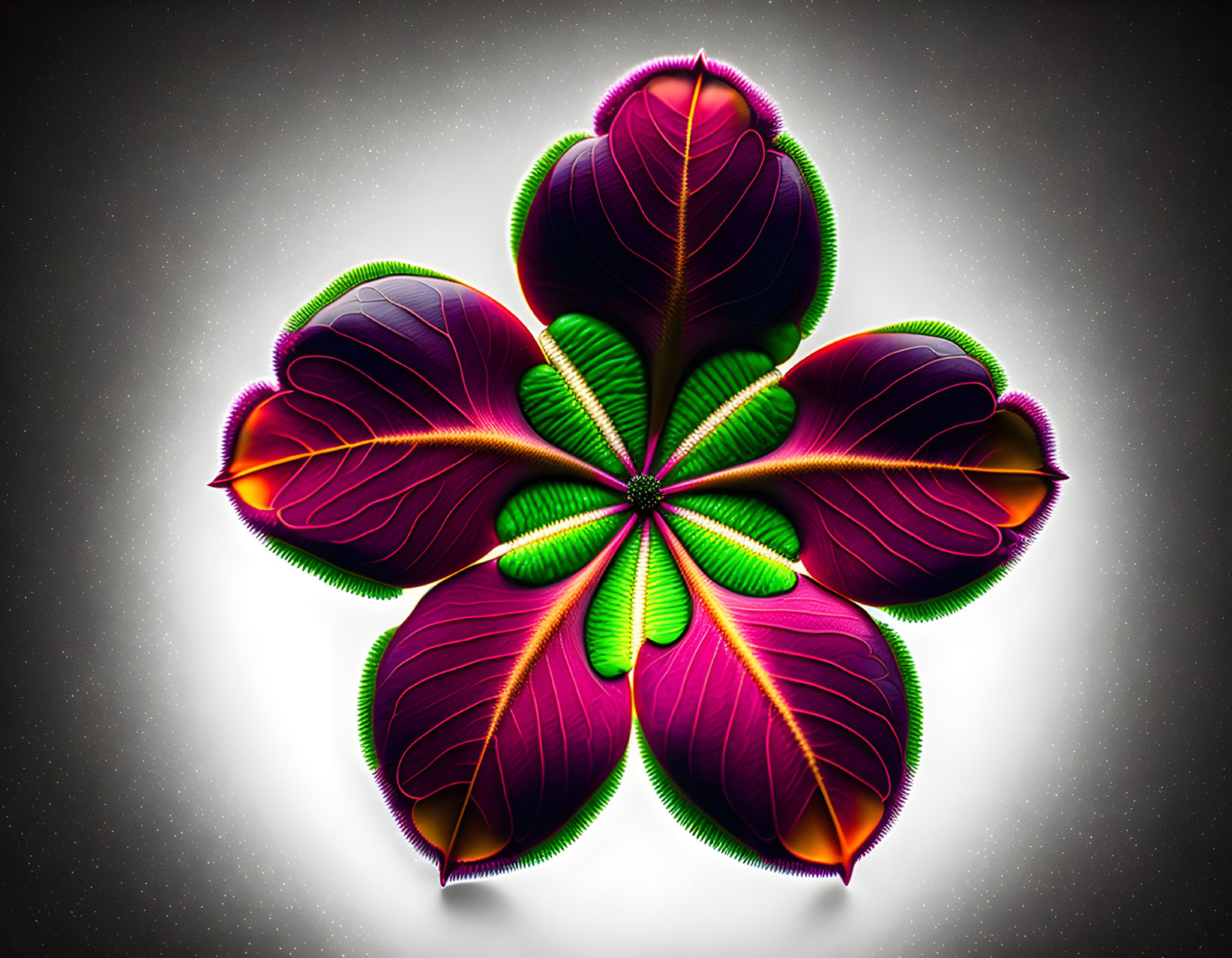 Symmetrical digital flower with vibrant purple leaves on speckled grey background