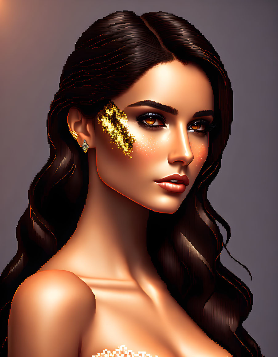 Dark-haired woman with golden sparkly makeup in strapless top on muted background