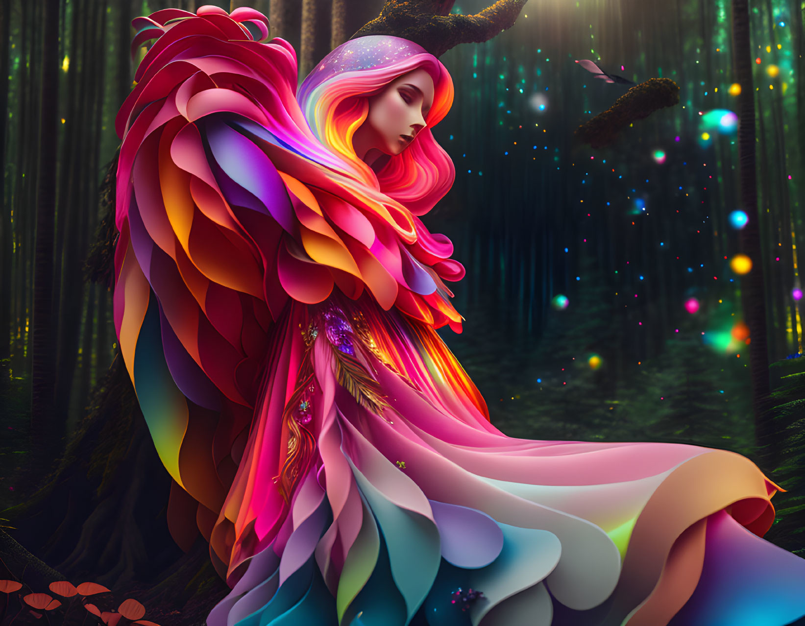 Colorful mythical being with feathers in mystical forest with orbs and fireflies