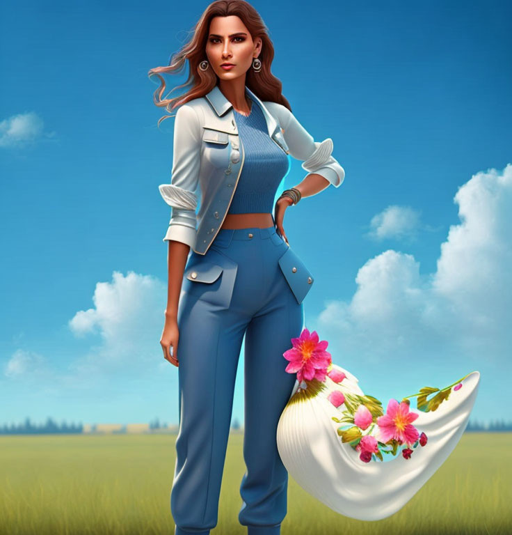 Stylish woman in blue outfit with white accent holding overflowing flower bag in 3D render