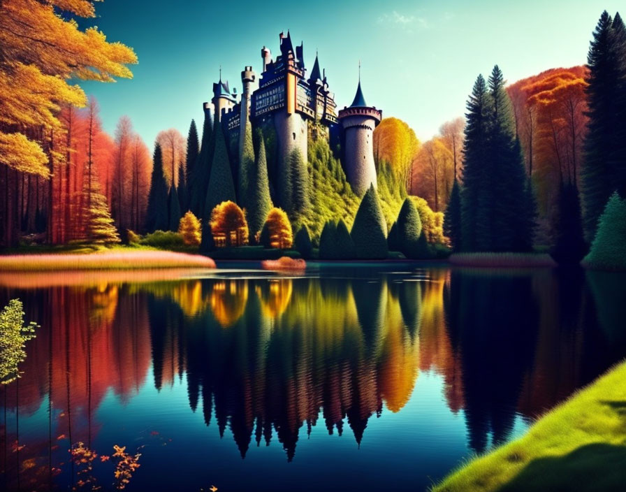 Majestic castle with spires in autumn forest by tranquil lake