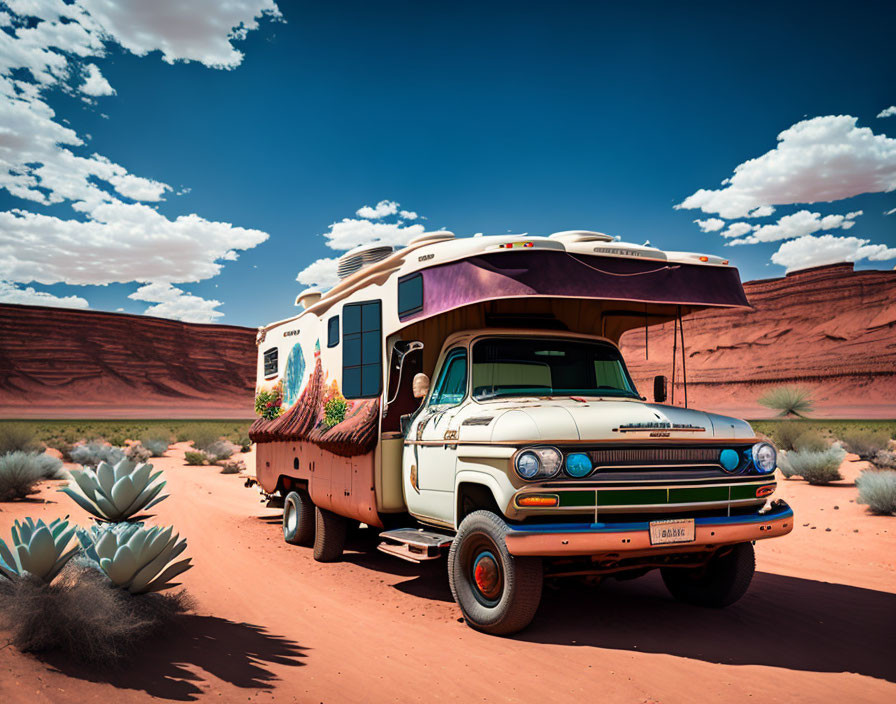 Vintage RV in Desert with Red Sandstone Cliffs & Blue Sky