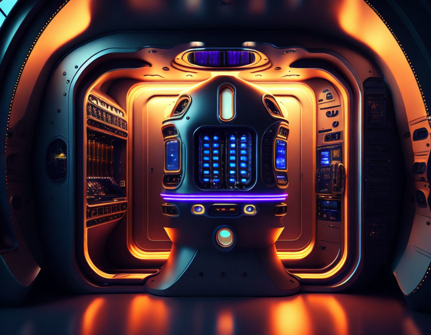 Futuristic spacecraft control room with illuminated panels and central interface