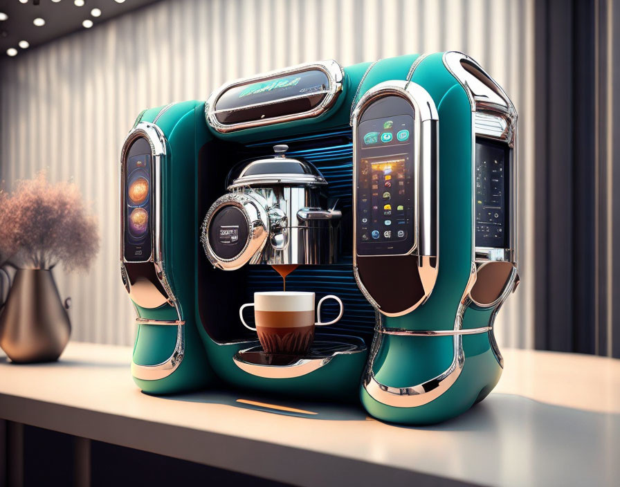 Sleek Teal and Chrome Retro-Futuristic Coffee Machine Design