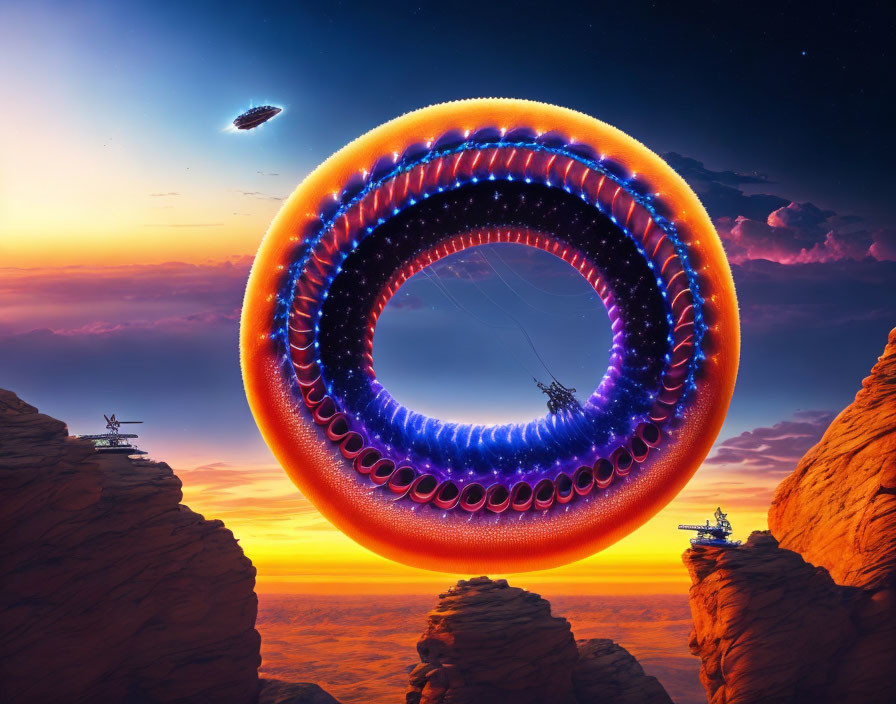 Digital artwork: Giant luminous ring above rocky canyon at sunset
