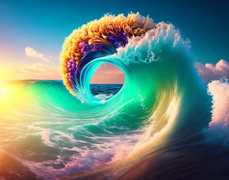 Digitally altered image: Colorful flowers on ocean wave at sunset