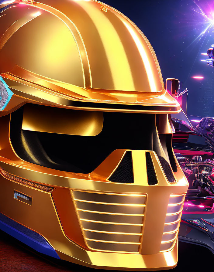 Golden futuristic helmet with visor and ventilation grills on neon-lit sci-fi background