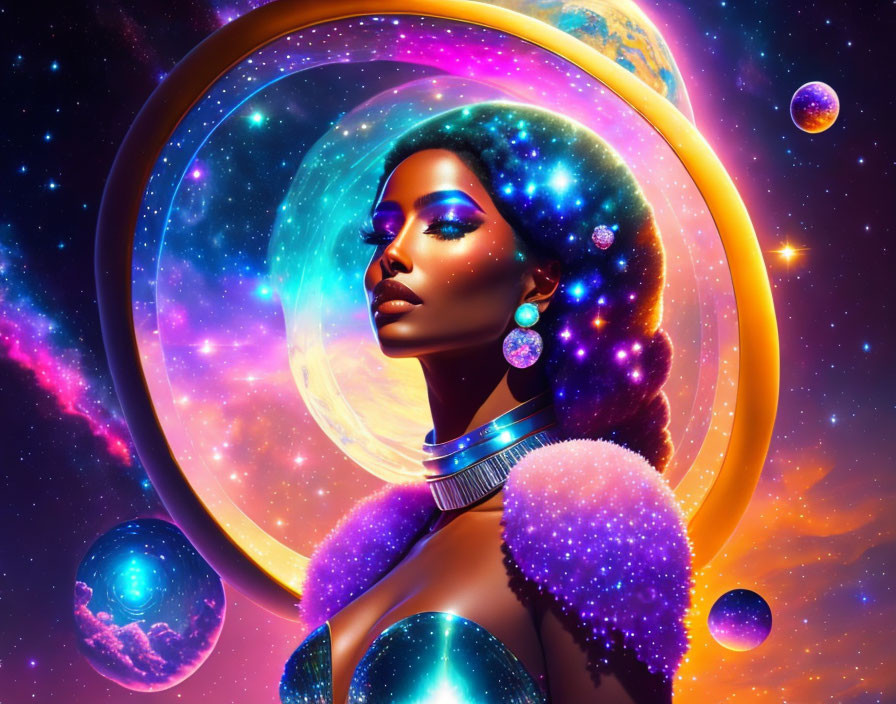 Digital artwork of cosmic woman with celestial bodies and golden halo.