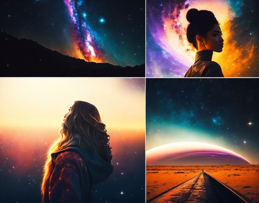 Collage of Vibrant Night Sky Images with Silhouettes of Women