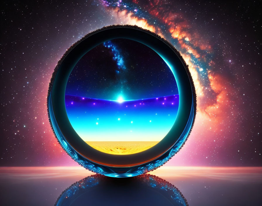 Circular surreal portal reflecting desert landscape under cosmic sky